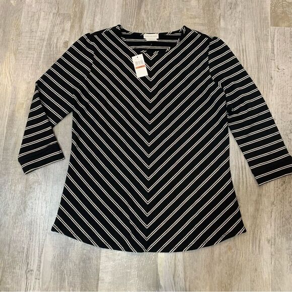 NWT Van Heusen Womens 3/4 Sleeve Knit stretch extensible Black/white striped top - Picture 8 of 13
